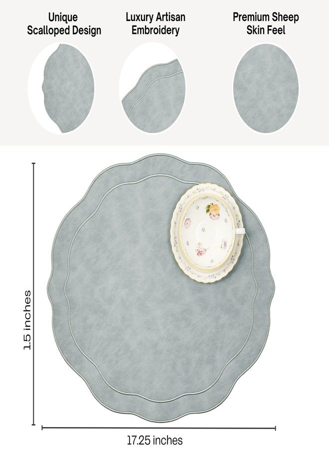 Bryonia Embroidered Scalloped Faux Leather Placemats Set of 4 - Soft, Wipeable Luxury Dinner Table Mats for Dining & Kitchen Decor, 17.25" x 15", Light Blue Gray - Image 3